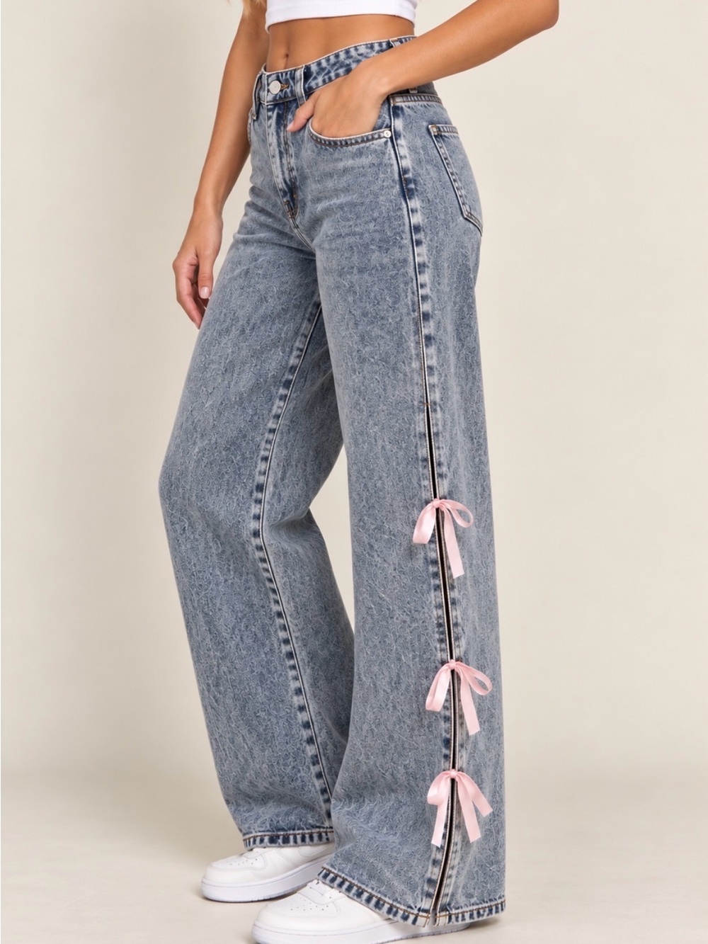 Rise Light Acid Wash Wide Leg Jeans Pink Satin Bows Open Side Size 9